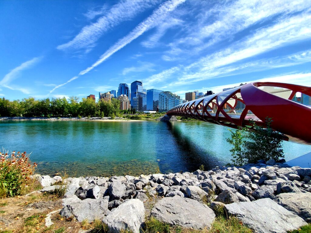 View of the Peace Bridge in Prince’s Island Park Calgary on a sunny day