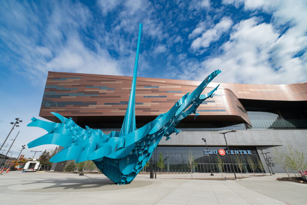 BMO Centre at Stampede Park in Calgary, showcasing the copper-coloured façade and outdoor art installation party venues Calgary