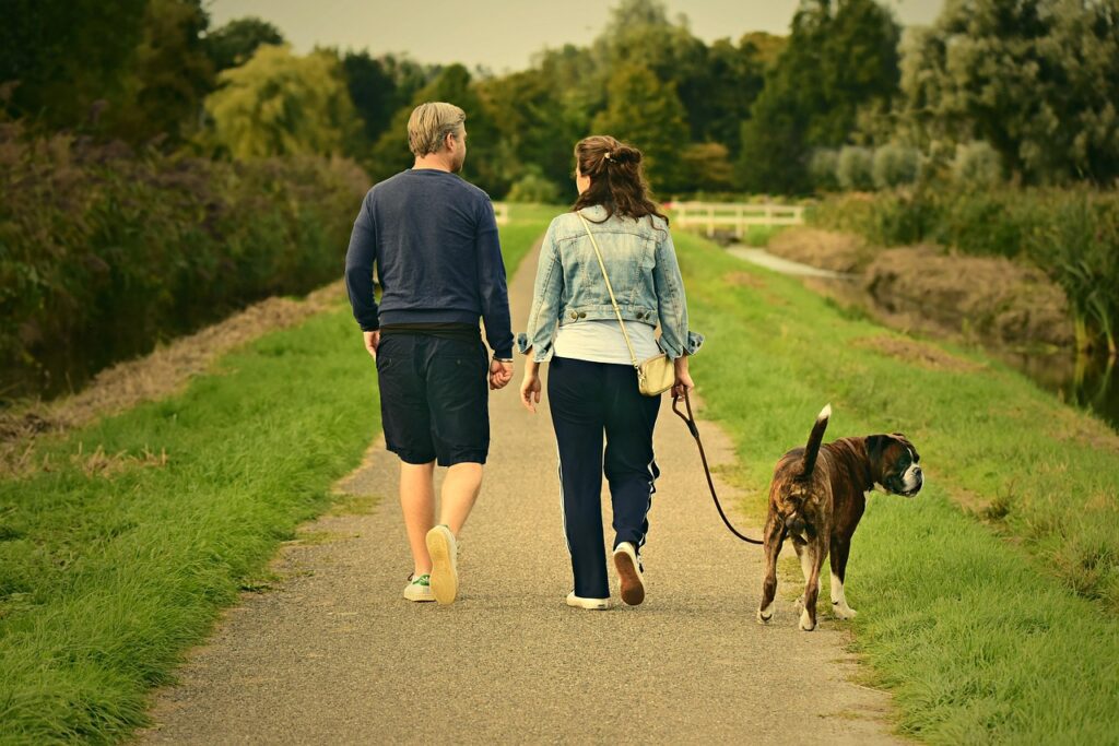 Couple walking their dog along a green path