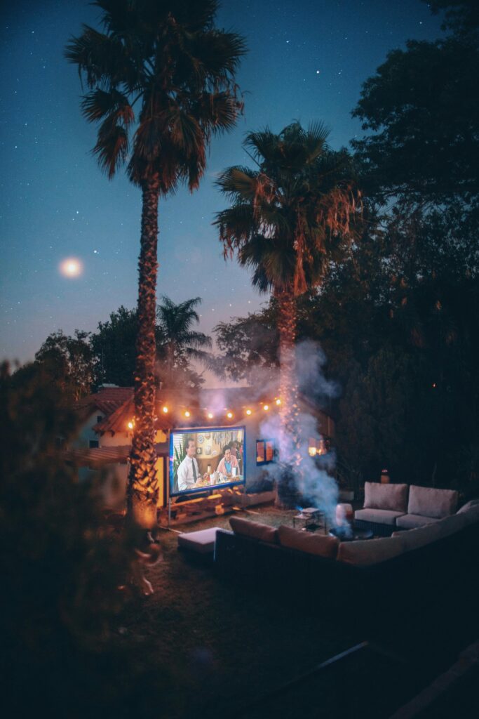 Birthday party ideas Calgary, backyard movie night under palm trees and starry sky