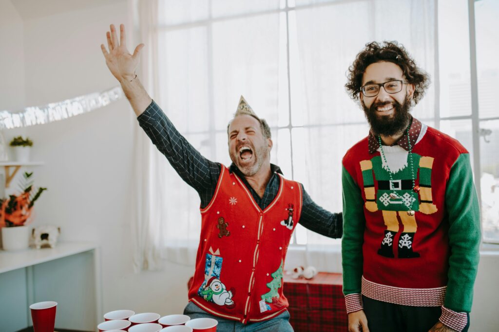 Employees at a themed Christmas party in Calgary wearing costumes